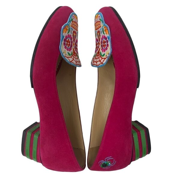 Rare Charlotte Olympia Sugar Skull Pink Suede Embroidered Round Toe Loafers 4 - Picture 7 of 12